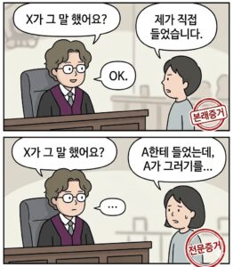 [형사] 전문법칙, 진짜 쉽게 이해하기: 법정에서 “그 말”은 왜 증거가 될 수도, 안 될 수도 있나