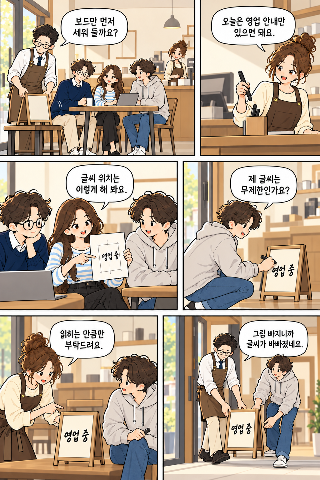 우리 동네 파일 밖의 용도 후반: 선영이 그림의 인쇄 이용을 보류하고 준호와 직접 쓴 글씨 안내판을 세운다
