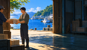 항구 창고 입구에서 여러 상자 가운데 한 상자를 실제 건네받는 성인