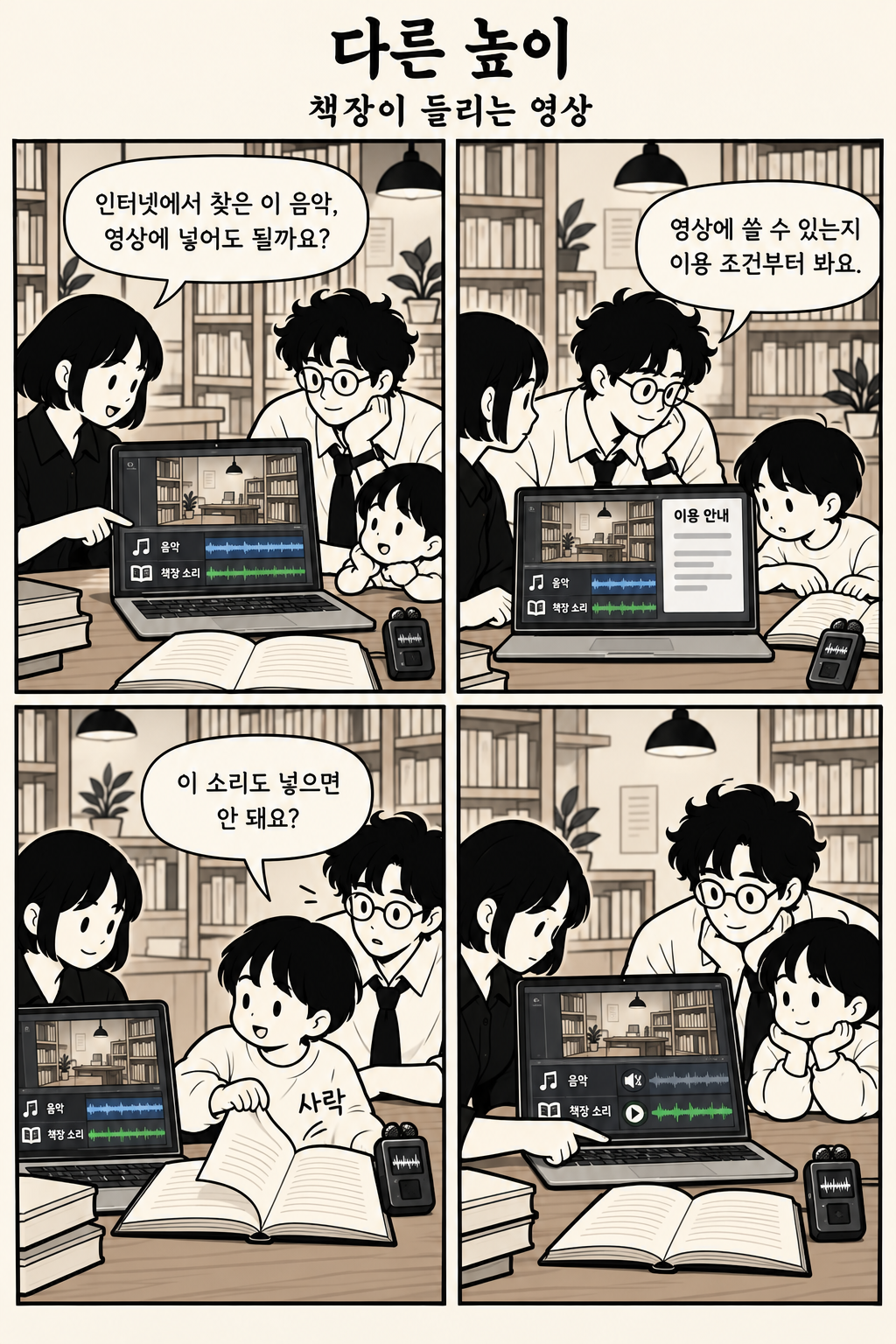 다른 높이 ‘책장이 들리는 영상’: 책방 운영자가 음악 이용 조건을 호영과 살피고, 책을 넘기는 아이의 질문 뒤 자체 책장 소리를 미리 듣는다.