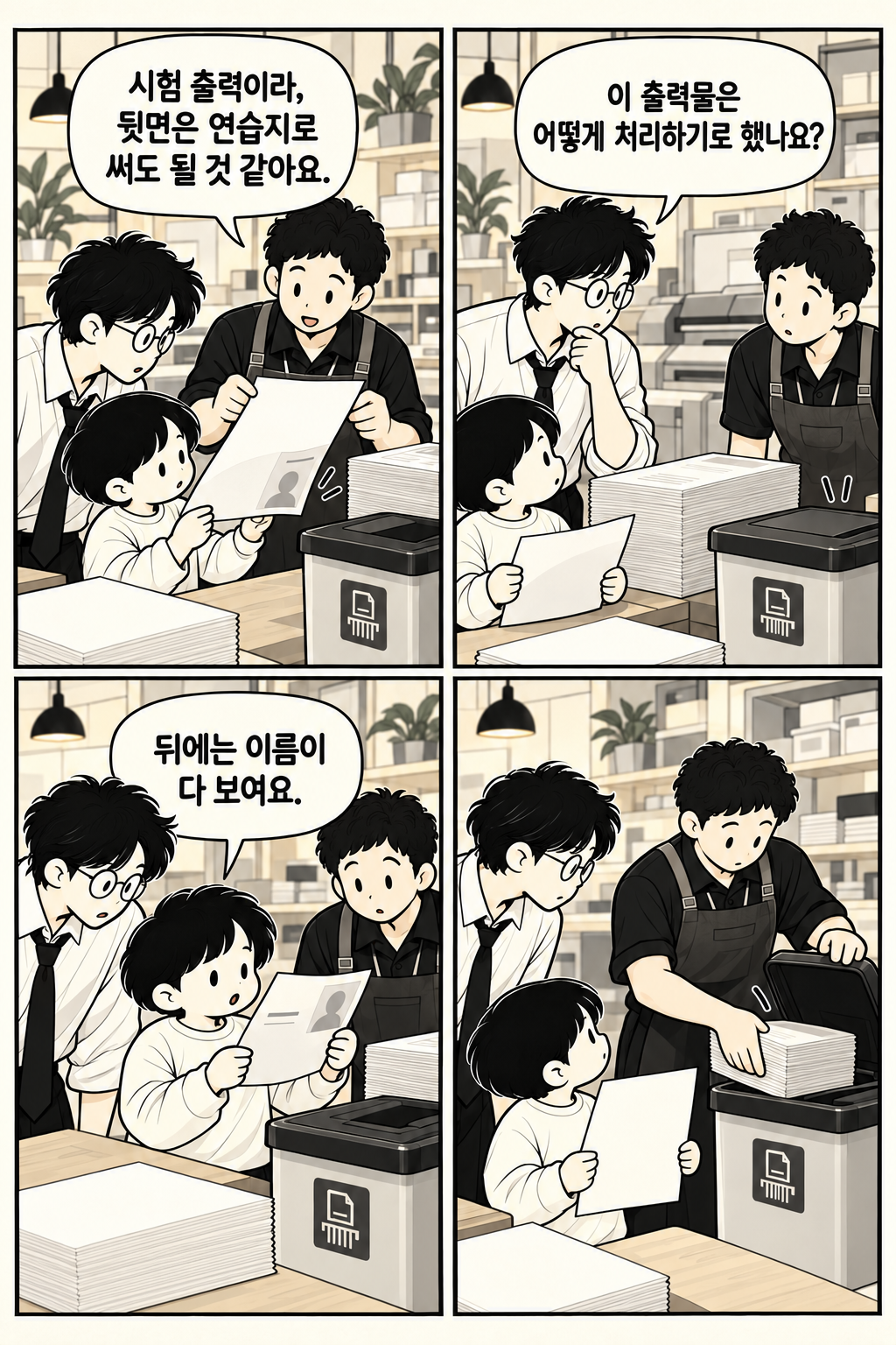 다른 높이 뒤집어 놓은 시험지에서 아이가 이름과 사진이 보이는 출력물을 뒤집고 호영이 살피는 장면