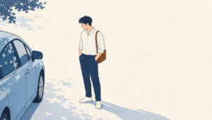 높은 비스듬한 시점에서 빈 차량 옆에 멈춰 선 운전기사를 그린 스케치