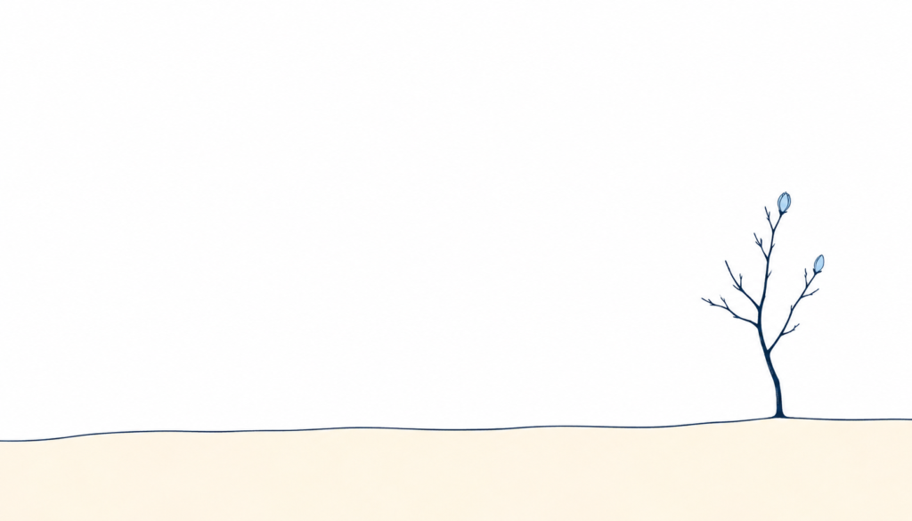 넓은 하늘 여백과 아직 잎이 적은 작은 나무를 그린 스케치