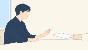 건네받는 빈 종이 앞에서 열린 손을 조용히 멈춘 사람